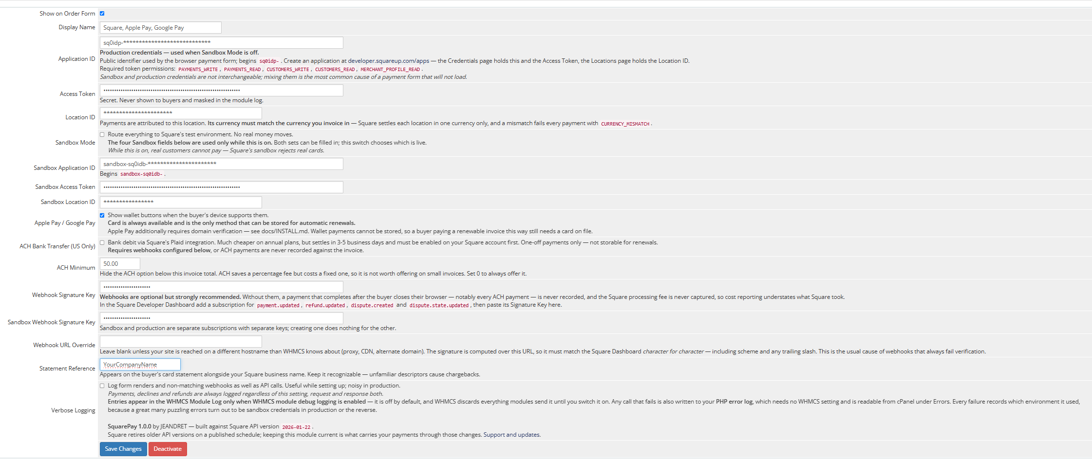 The SquarePay gateway settings in the WHMCS admin