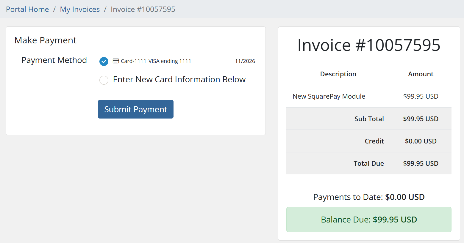 A stored card under a WHMCS client's Pay Methods